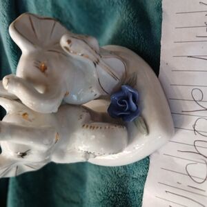 Ceramic Elephant Figurine with Blue Rose